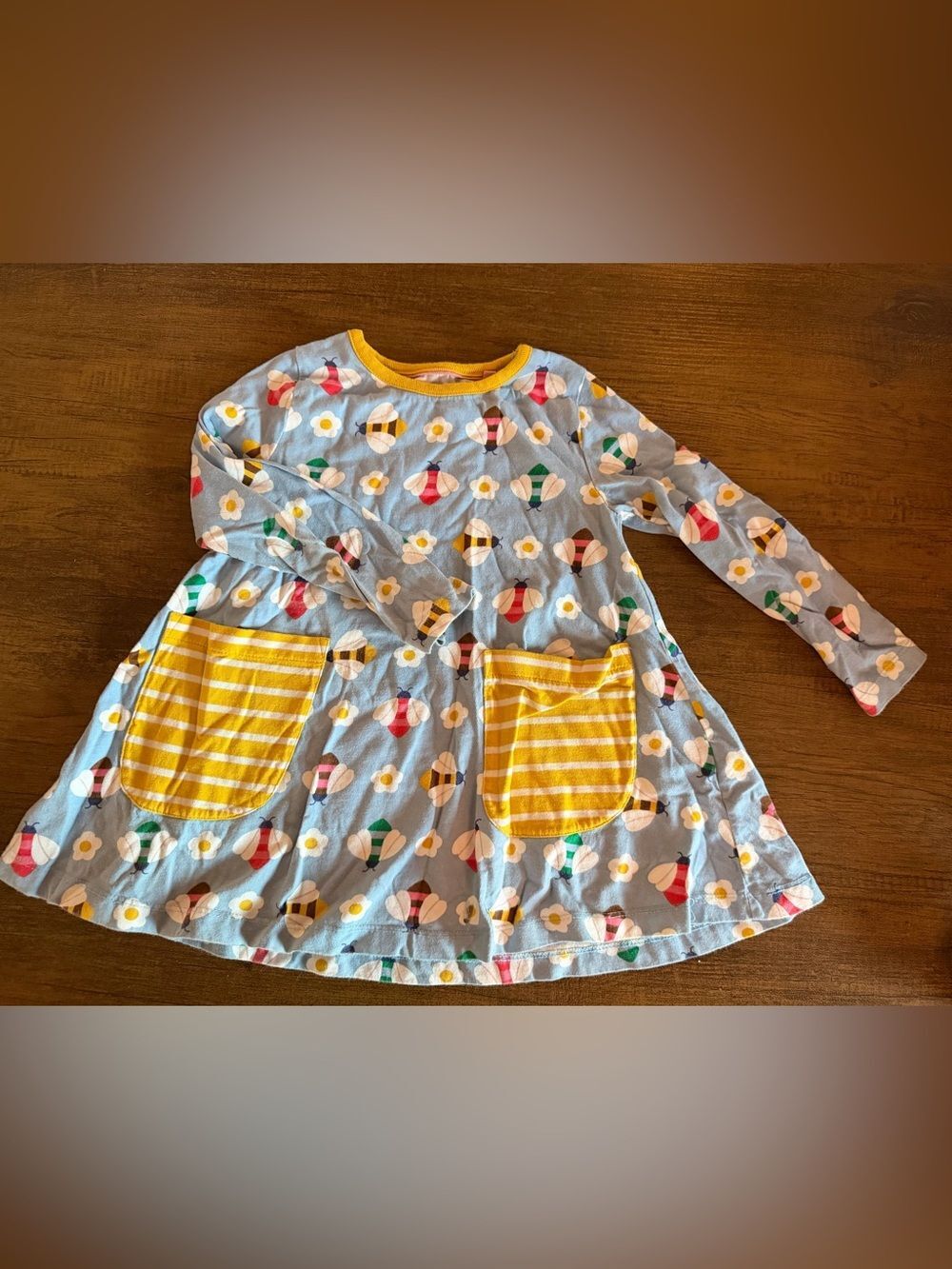 Mini Boden Girls' Light Blue Floral & Bee Print Dress with Yellow Pockets